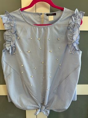 Blue & White Striped Tie-Front Pearl Detail Blouse